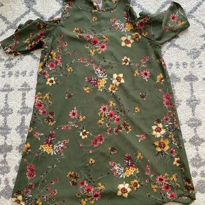 Olive Floral Open Shoulder Dress